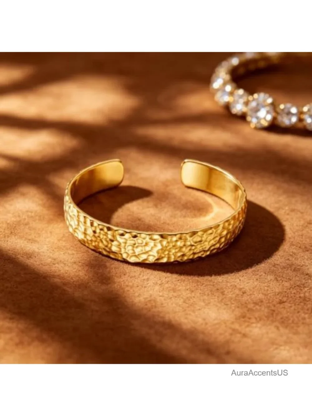 14K Gold Plated Hammer Tree Branch Bangle Bracelet Adjustable Open Cuff